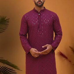 Jompers Geometric Embroidered Sequinned Mandarin Collar Cotton Straight Kurta-picture-9
