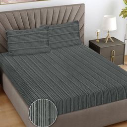 FABINALIV Grey Striped 300 TC Woollen King Bedsheet Set 2.5m X 2.25m-10