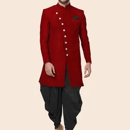 Utsav Fashion Solid Color Velvet Sherwani in Red-picture-27
