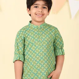 Fabindia Boys Ethnic Motifs Printed Mandarin Collar Cotton Straight Kurta-image-81