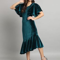 VAARARO Women Flared Sleeves Velvet Drop-Waist Midi Dress With Ruffles Details-image-45