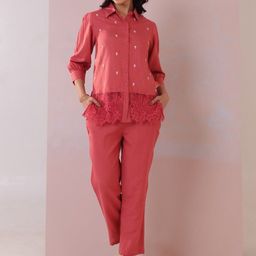 AUTUMN LANE Floral Embroidered Shirt Collar Pure Cotton Shirt With Trouser-image-99