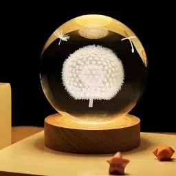 3D Crystal Ball Lamp | Night Light with Wooden Base | Dandelion Style Table Lamp-image-3