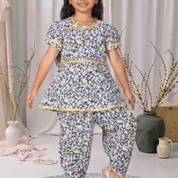 Cutiekins Girls Floral Printed Round Neck Gotta Patti A-Line Kurta With Dhoti Pants-picture-42