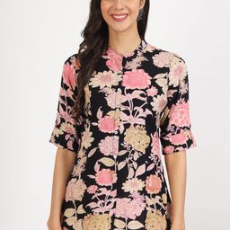 Divena Floral Print Mandarin Collar Shirt Style Top-image-52