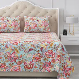 BELLA CASA Blue & Pink Floral Printed 180 TC Cotton King Bedsheet Set 2.20 m x 2.72 m-picture-9