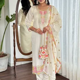 KALINI Floral Embroidered Straight Sequinned Chanderi Silk Kurta with Trousers & Dupatta-45