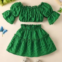 INCLUD Girls Solid Puff Sleeves Crop Top with Skirt-image-52