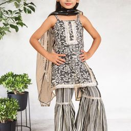 Cutiekins Girls Floral Printed Regular Kurta with Sharara & Dupatta-picture-2