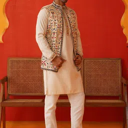 Jompers Floral Yoke Design Thread Work Straight Kurta With Pyjamas And Nehru Jacket-image-1
