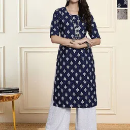 HERE&NOW Selection Of 3 Floral Printed Round Neck Straight Kurtas-image-96