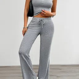 Outzidr Scoop Neck Crop Top With Trousers Co-Ords-image-2