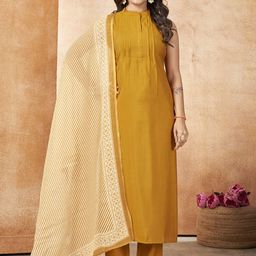 MOJILAA Mandarin Collar Sleeveless Straight Kurta With Trouser & Dupatta-image-74