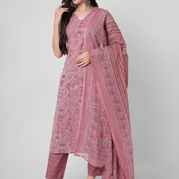 HERE&NOW Floral Printed V-Neck Pure Cotton Straight Kurta With Trousers & Dupatta-image-56