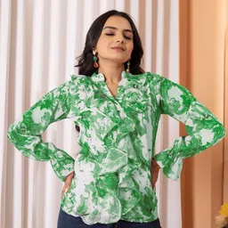 Tilton Women Floral Printed Ruffle Mandarin Collar Regular Fit Top-image-76