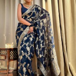CaniBani Blue Silk Blend Banarasi Sarees-image-62