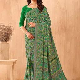 Mitera Green Floral Poly Crepe Saree-image-68