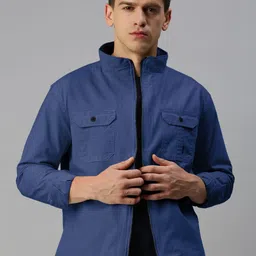 SHOWOFF Men Solid Pocket Detailing Mock Collar Denim Tailored Jacket-image-19