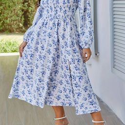 all about you Women Floral Printed Bishop Sleeve Fit & Flare Midi Dress-image-96
