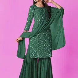 PARROT CREATION Geometric Embroidered Georgette Straight Kurta With Sharara And Dupatta-image-15