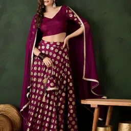 Sangria Foil Printed V-Neck Choli & Lehenga With Dupatta-image-8