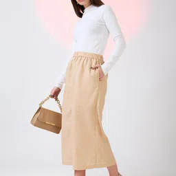 Globus Self Design Checkered Mid Rise Side Pockets Midi Workwear Skirt-picture-34