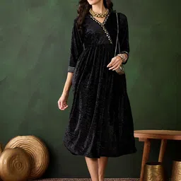 Sangria Solid Three-Quarter Sleeves Wrap Ethnic Dresses-image-57
