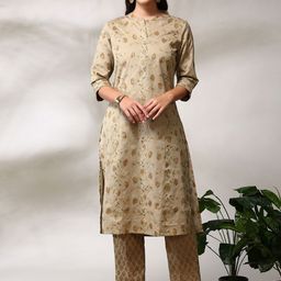 Anouk Brown Floral Printed Mandarin Collar Pure Cotton Straight Kurta with Trousers-30