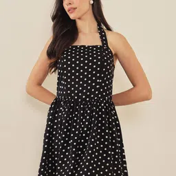 RARE Women Polka Dot Print Halter Neck Peplum Dress-picture-11