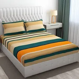 Myntra Elegant Homes Orange & Teal Striped 300 TC King Bedsheet with 2 Pillow Covers-image-82