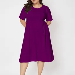 BRINNS Women Solid Plus Size Fit & Flare Midi Cotton Dress-image-62