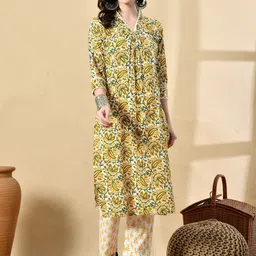 HERE&NOW Floral Printed V-Neck Pure Cotton Straight Kurta With Trousers-32