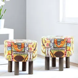 Ikiriya Pack Of 2 Yellow printed Wooden Round Ottomans-17
