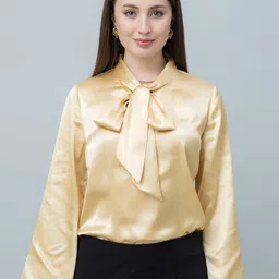 PURYS Tie-Up Neck Flared Sleeve Satin Top-picture-54
