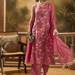 Sangria Floral Printed V Neck Sleeveless A-Line Kurta & Trouser With Dupatta-27