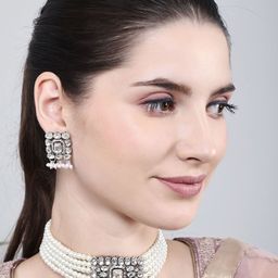 Sangria Stones-Studded & Beaded Square Moti Jewellery Set-image-0