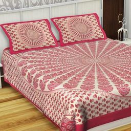 Aura Pink & Cream-Coloured Ethnic Motifs 144 TC Queen Bedsheet with 2 Pillow Covers-image-95