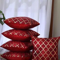 Homerz Red & Gold-Toned Set of 5 Geometric Square Cushion Covers-image-4