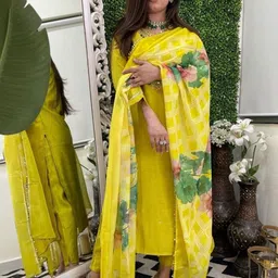 Navlik Floral Yoke Design V Neck Straight Kurta With Trousers & Dupatta-image-27