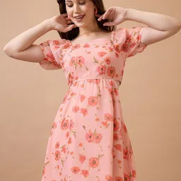 Globus Women Floral Printed Square Neck Puff Sleeves Waist Cut-Out Mini Fit & Flare Dress-image-63