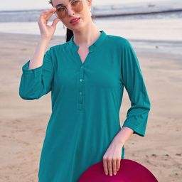 TITTLI Women Solid Mandarin Collar Pure Cotton T-shirt-image-11