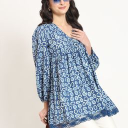 KALINI Polka Dot Print Bell Sleeve Indigo Cotton Peplum Top-image-46