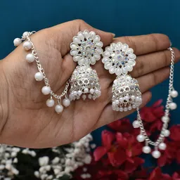 MEIRA JEWELLERY Silver-Plated Artificial Studded & Beaded Oxidised Dome Shaped Jhumkas-image-48