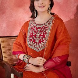 Sangria Polka Dots Printed V-Neck Thread Work Georgette Kurta With Trousers & Dupatta-51