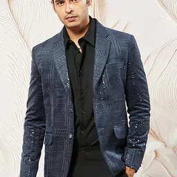 VASTRAMAY Sequinned Embroidered Velvet Slim-Fit Party Blazer-picture-49