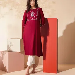 HERE&NOW Floral Yoke Design Thread Work A-Line Kurta-picture-22