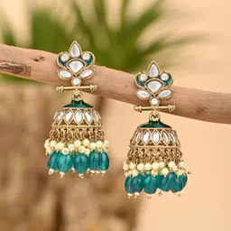 Anvik Gold-Plated Kundan Studded And Artificial Beaded Dome Shaped Meenakari Jhumkas-picture-18