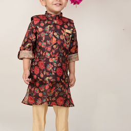 LITTLE COLLARS Boys Floral Printed Pure Silk Kurta with Pyjamas-image-94