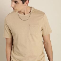 Men Solid Round Neck Pure Cotton Beige T-Shirt-image-1
