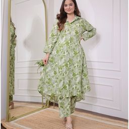 SIJOPA Floral Printed Shirt Collar Long Sleeves A Line Kurta with Trousers-18